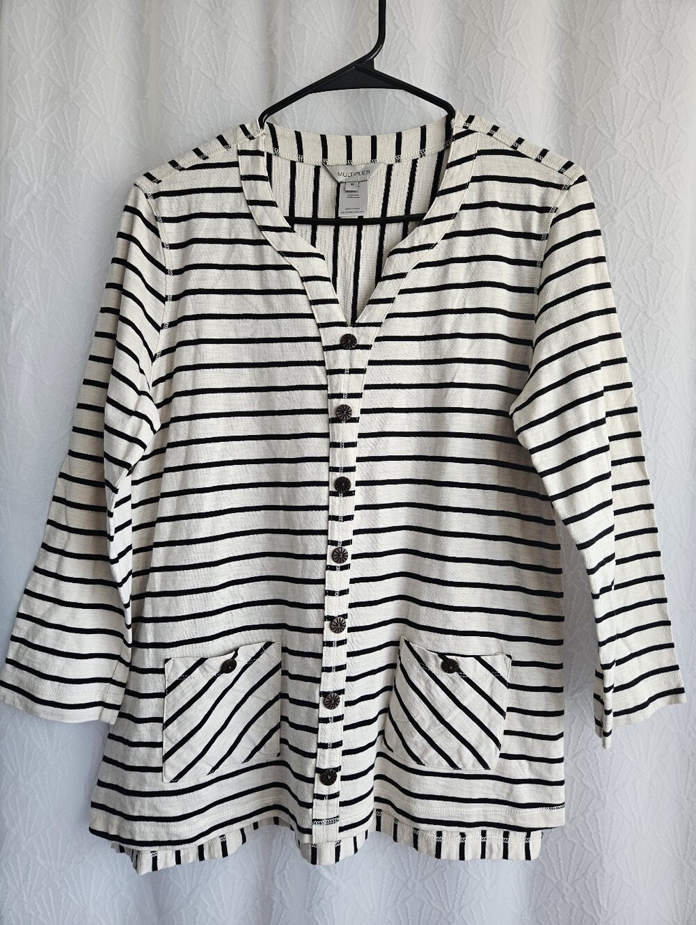 Multiples Black & White Striped Faux Button-Front Top M